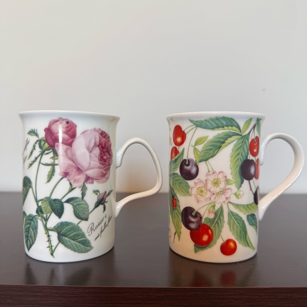 Roy Kirkham Vintage Ceramic Mugs English Pink Roses and Dark Cherries